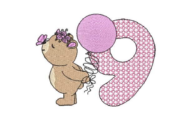 Number 9 Cute Teddy Embroidery Design